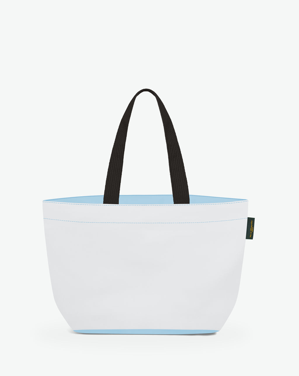 Sac cabas porté épaule de couleur en nylon bicolore, à fond rectangulaire et dans un format M. Présence d'un double zip, d'anses longues noires en polypropylène, et d'une étiquette de marque verte.