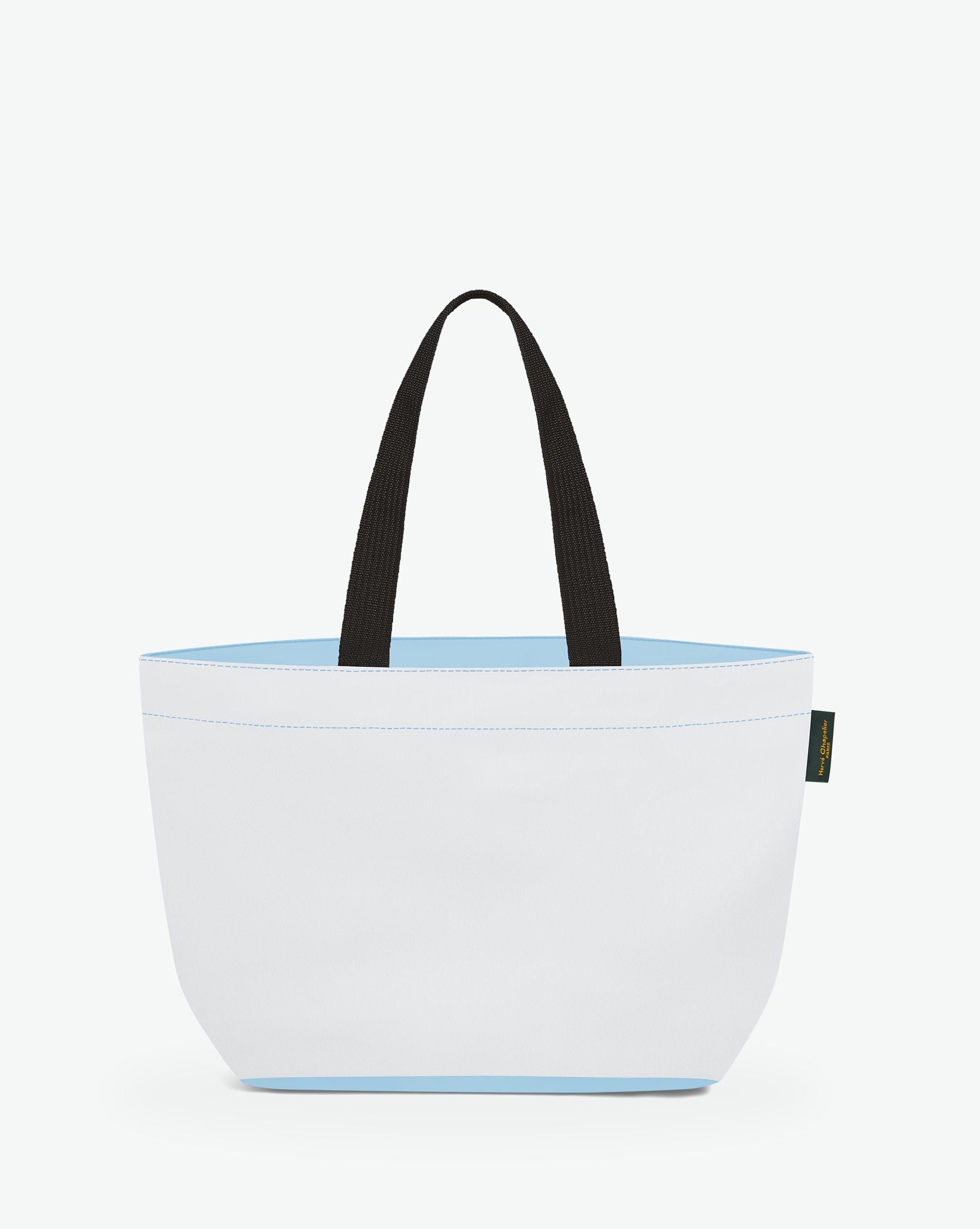 Sac cabas porté épaule de couleur en nylon bicolore, à fond rectangulaire et dans un format M. Présence d'un double zip, d'anses longues noires en polypropylène, et d'une étiquette de marque verte.