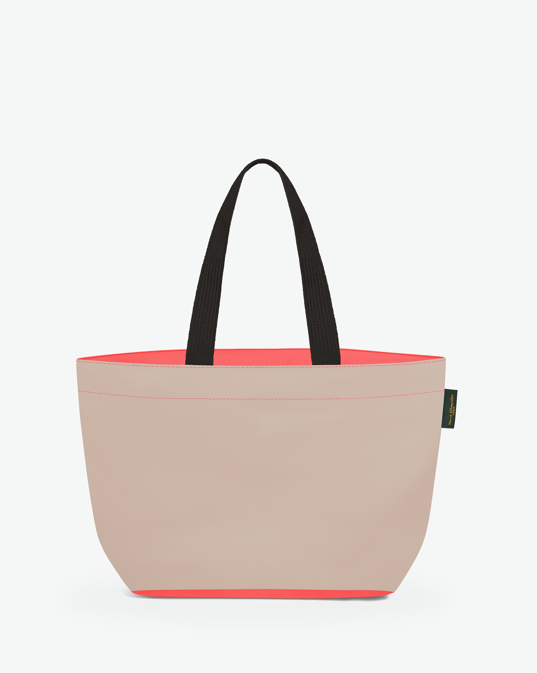Sac cabas porté épaule de couleur en nylon bicolore, à fond rectangulaire et dans un format M. Présence d'un double zip, d'anses longues noires en polypropylène, et d'une étiquette de marque verte.