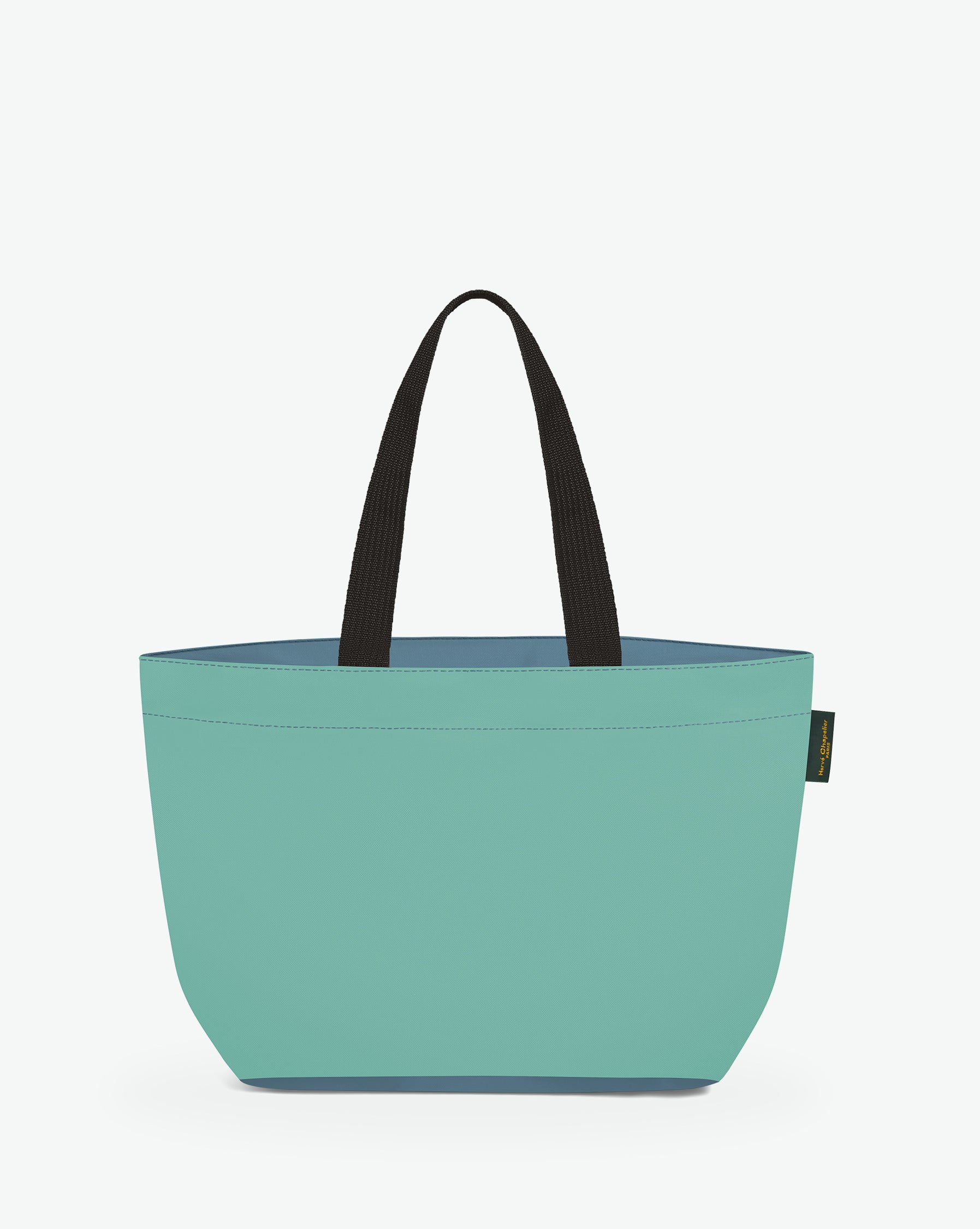 Sac cabas porté épaule de couleur en nylon bicolore, à fond rectangulaire et dans un format M. Présence d'un double zip, d'anses longues noires en polypropylène, et d'une étiquette de marque verte.