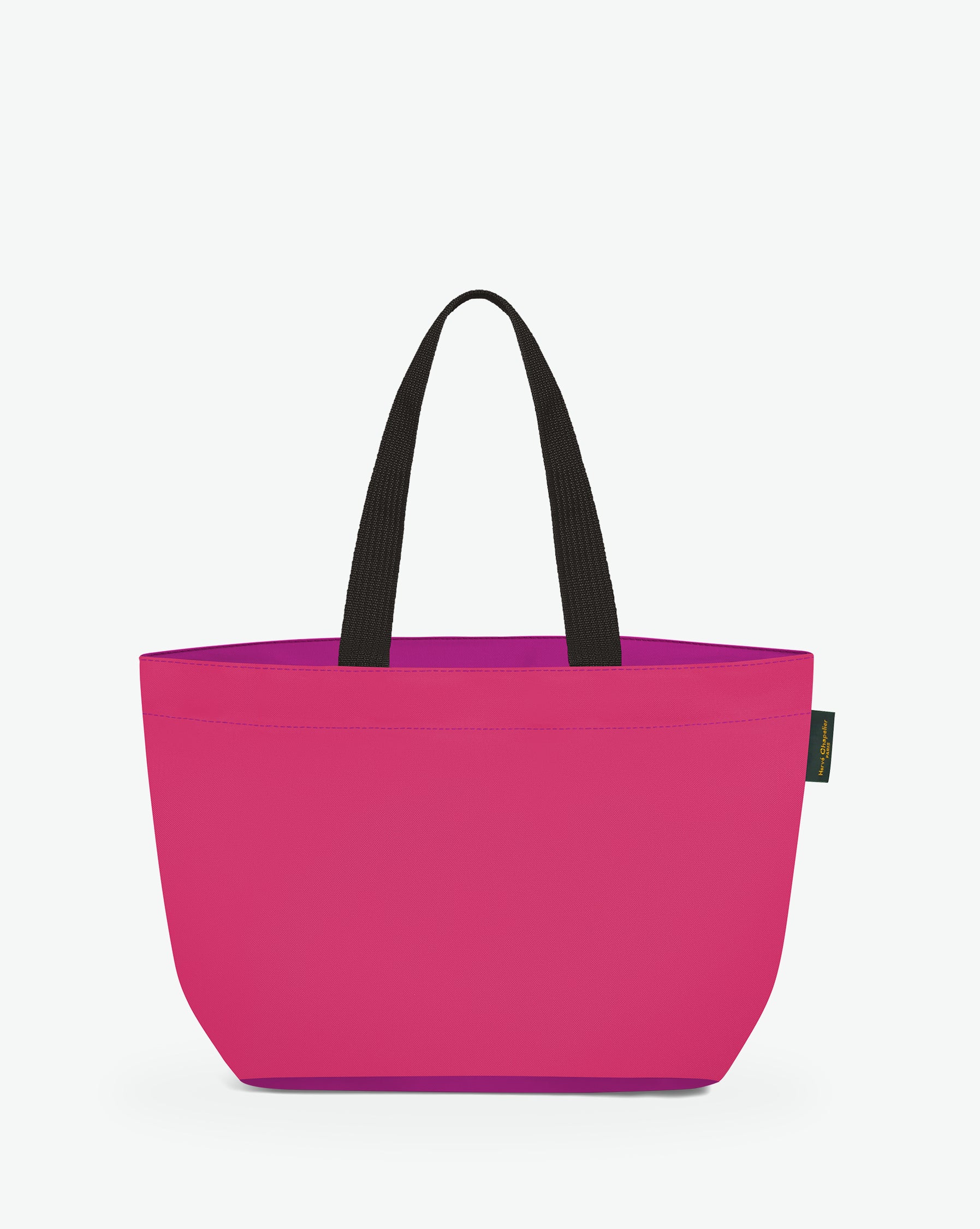 Sac cabas porté épaule de couleur en nylon bicolore, à fond rectangulaire et dans un format M. Présence d'un double zip, d'anses longues noires en polypropylène, et d'une étiquette de marque verte.
