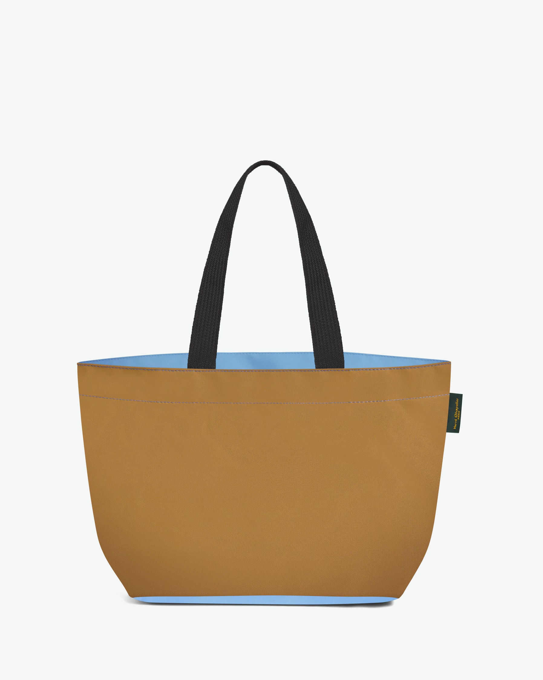 Sac cabas porté épaule de couleur en nylon bicolore, à fond rectangulaire et dans un format M. Présence d'un double zip, d'anses longues noires en polypropylène, et d'une étiquette de marque verte.