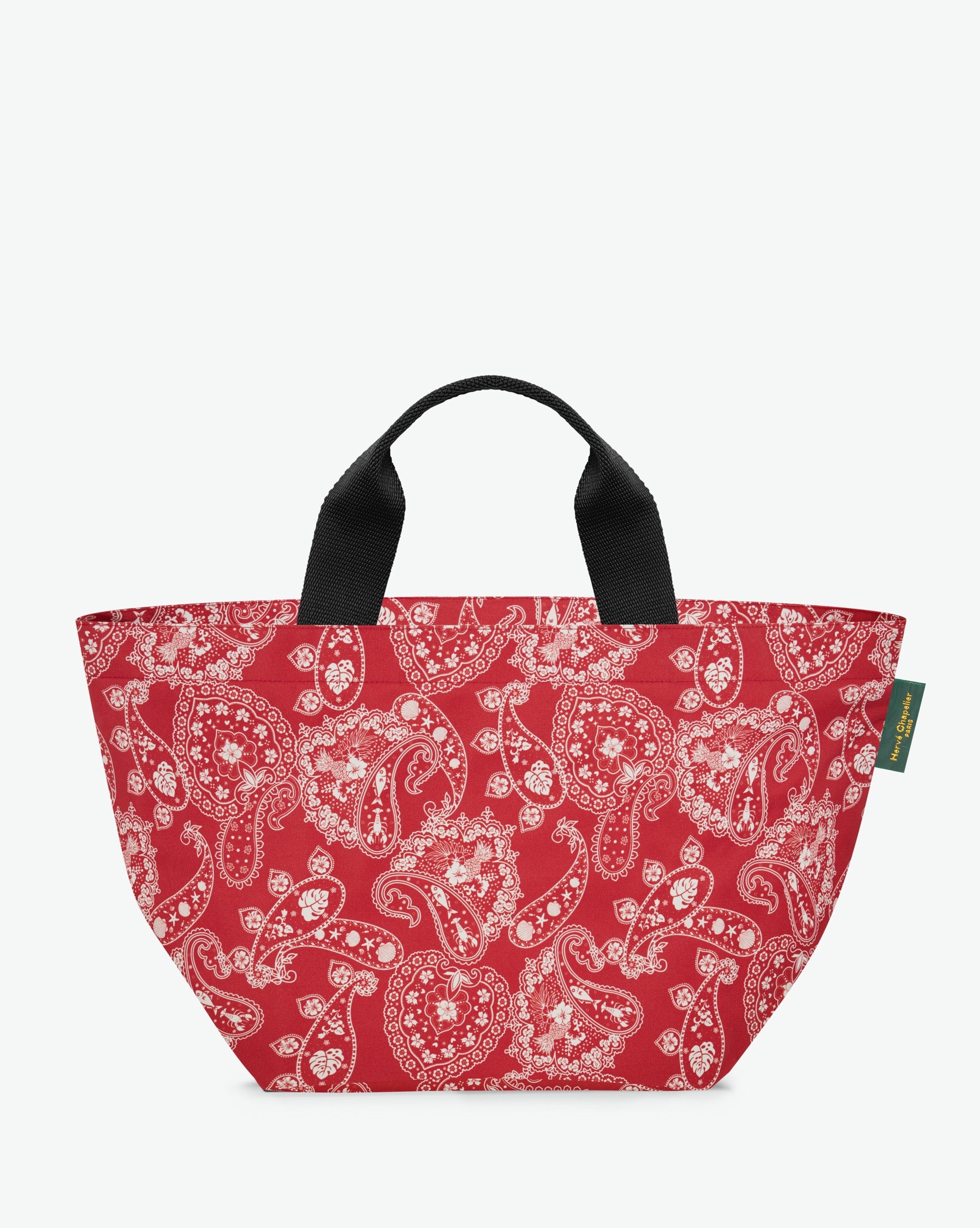 Packshot of a 1027F tote bag with short polyprop handle and a zipper and an inside pocket. The bag is made of printed nylon in a medium size. Sac cabas a poignees courtes en nylon imprime dans un format M