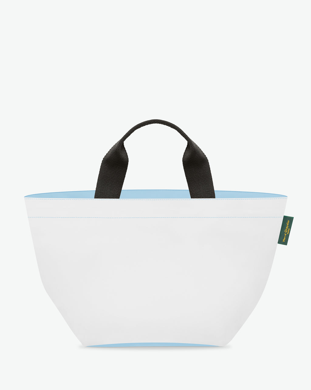 Sac à main cabas de couleur en nylon bicolore, à fond carré et dans un format M. Présence d'un double zip, de poignées courtes noires en polypropylène, et d'une étiquette de marque verte.