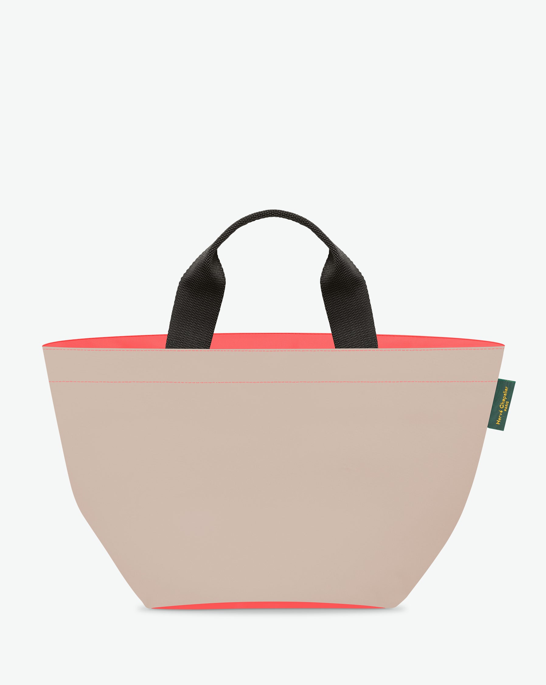 Sac à main cabas de couleur en nylon bicolore, à fond carré et dans un format M. Présence d'un double zip, de poignées courtes noires en polypropylène, et d'une étiquette de marque verte.
