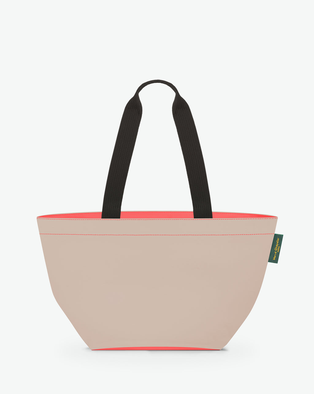 Sac cabas porté épaule de couleur en nylon bicolore, à fond carré et dans un format M. Présence d'un double zip, d'anses longues noires en polypropylène, et d'une étiquette de marque verte.