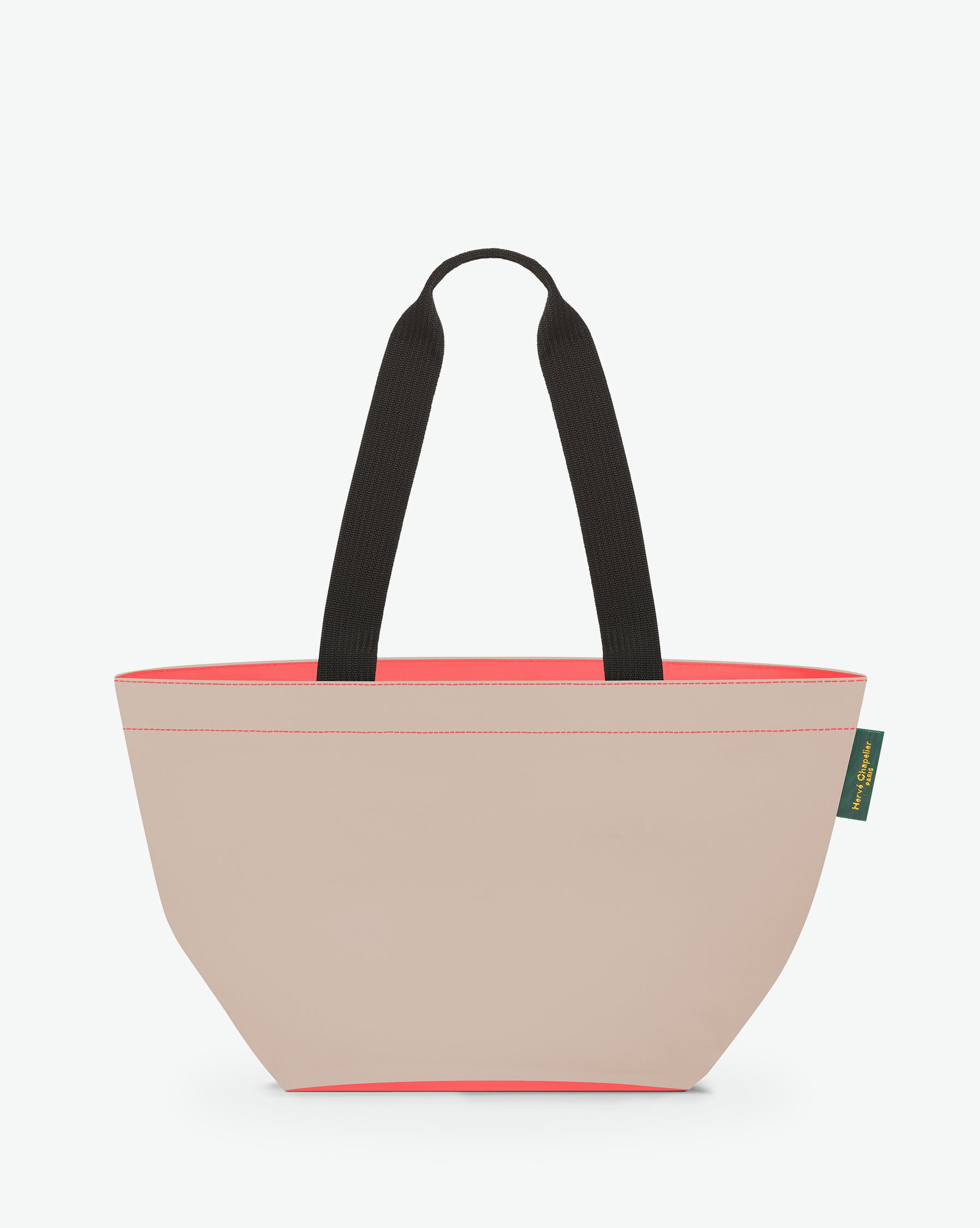 Sac cabas porté épaule de couleur en nylon bicolore, à fond carré et dans un format M. Présence d'un double zip, d'anses longues noires en polypropylène, et d'une étiquette de marque verte.