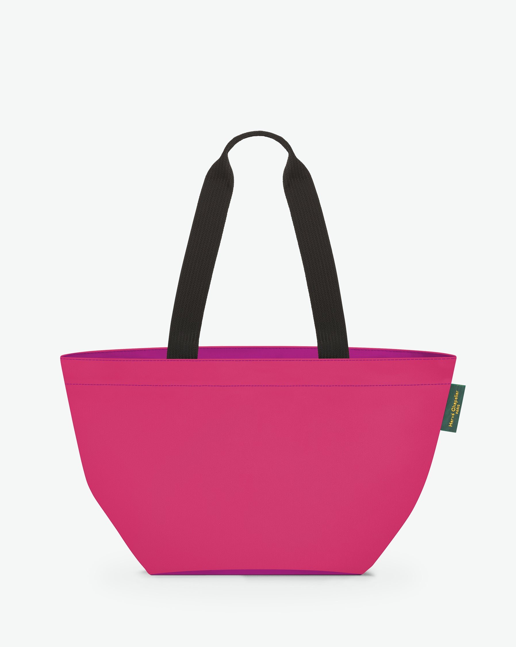 Sac cabas porté épaule de couleur en nylon bicolore, à fond carré et dans un format M. Présence d'un double zip, d'anses longues noires en polypropylène, et d'une étiquette de marque verte.