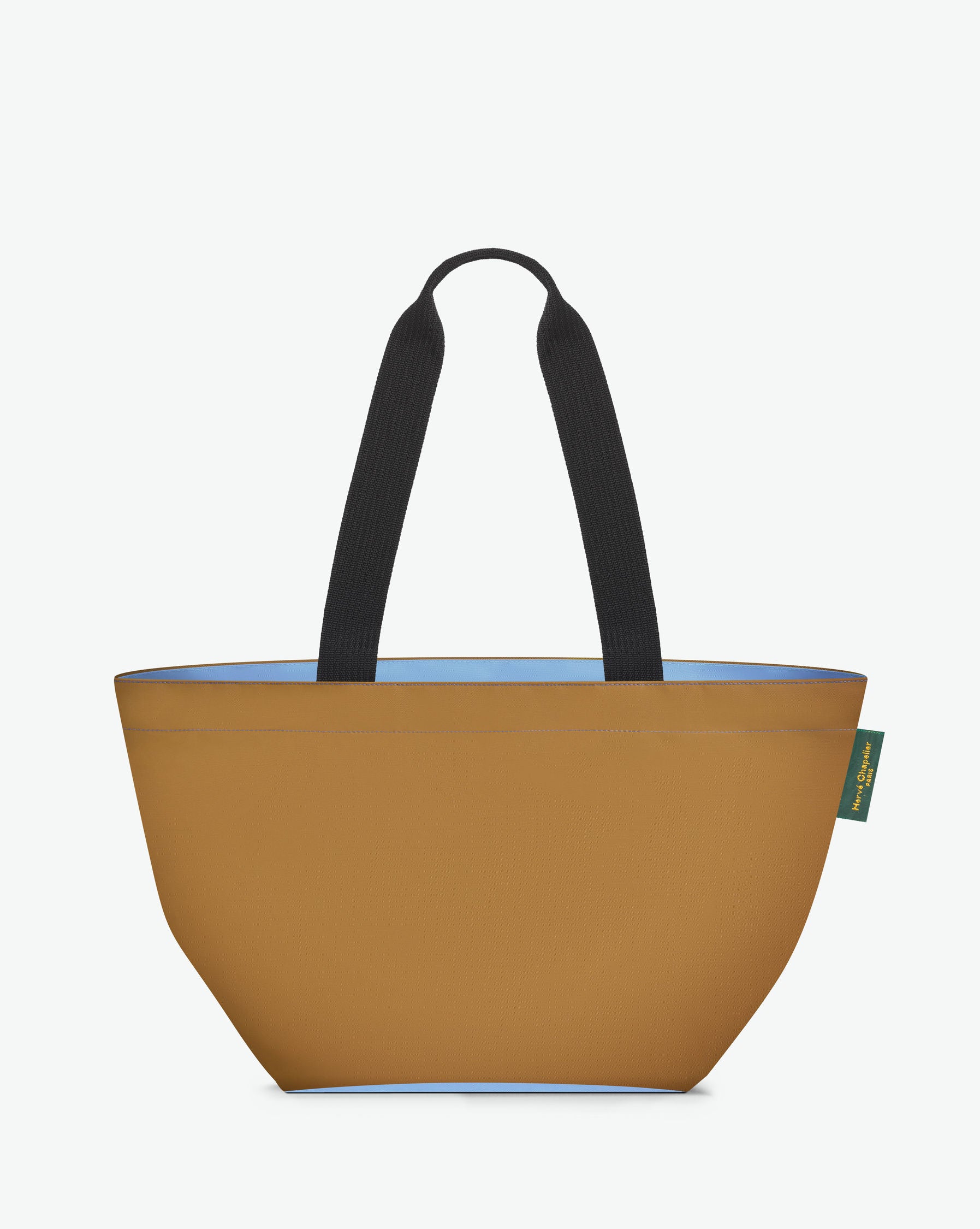 Sac cabas porté épaule de couleur en nylon bicolore, à fond carré et dans un format M. Présence d'un double zip, d'anses longues noires en polypropylène, et d'une étiquette de marque verte.
