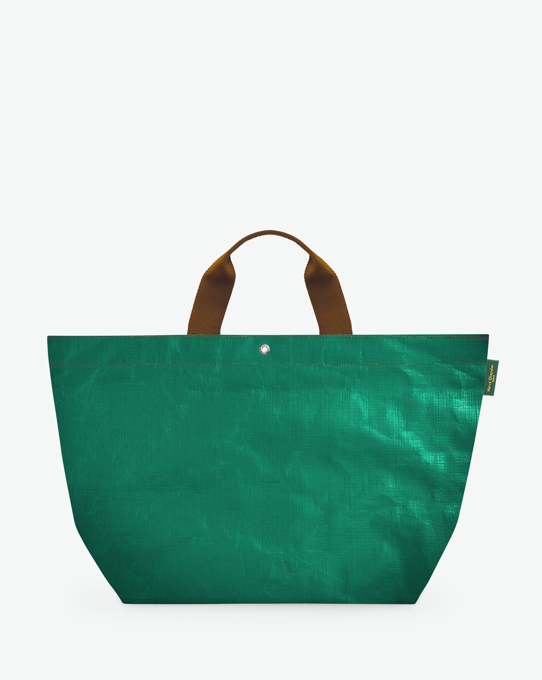 Sac cabas marché coloré en polypropylène, à fond rectangulaire et dans une taille L, aux poignées courtes de couleur en polyamide et à l'œillet décoratif.