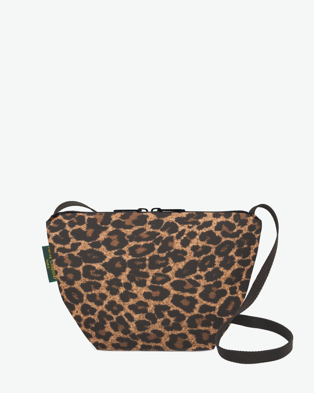 Packshot of a 2885F shoulder crossbody bag with a long handle in polyamide webbing and a zip with double closure. The bag is made of printed nylon in a small size. Sac bandouliere epaule tissu imprime taille S