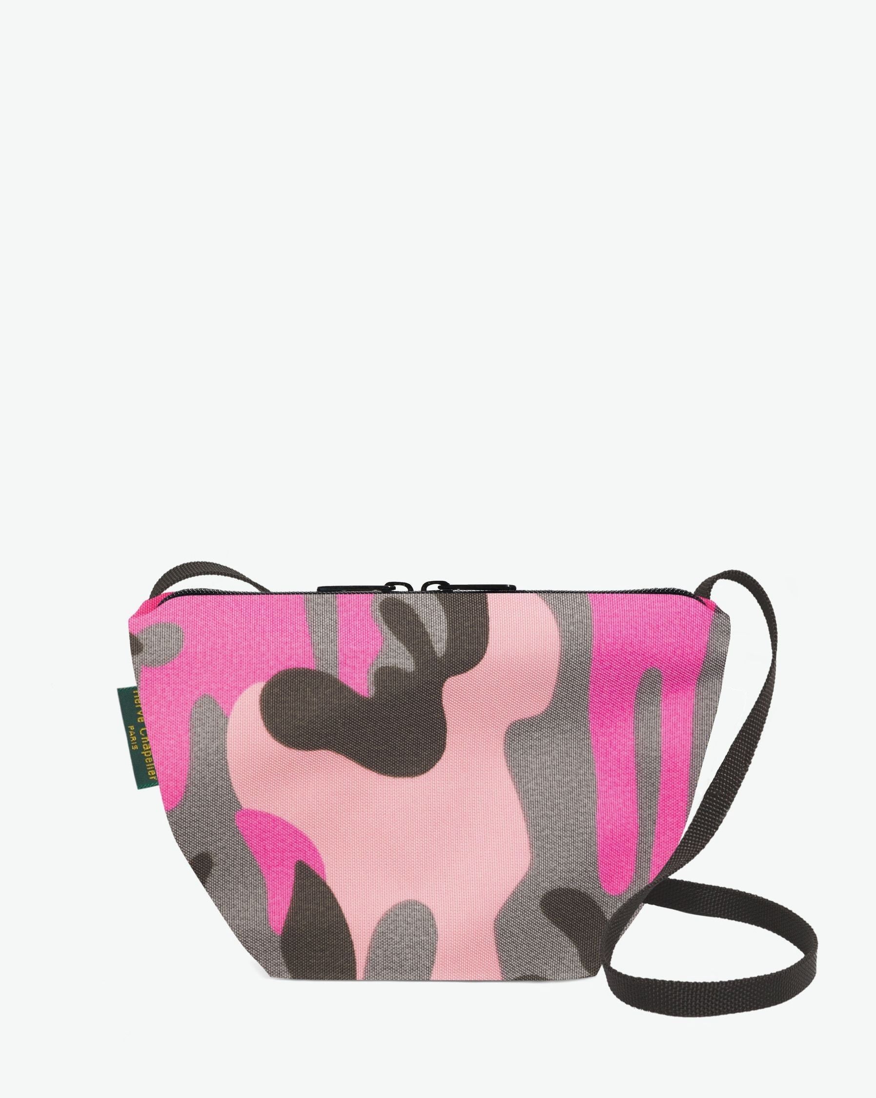 Packshot of a 2885F shoulder crossbody bag with a long handle in polyamide webbing and a zip with double closure. The bag is made of printed nylon in a small size. Sac bandouliere epaule tissu imprime taille S