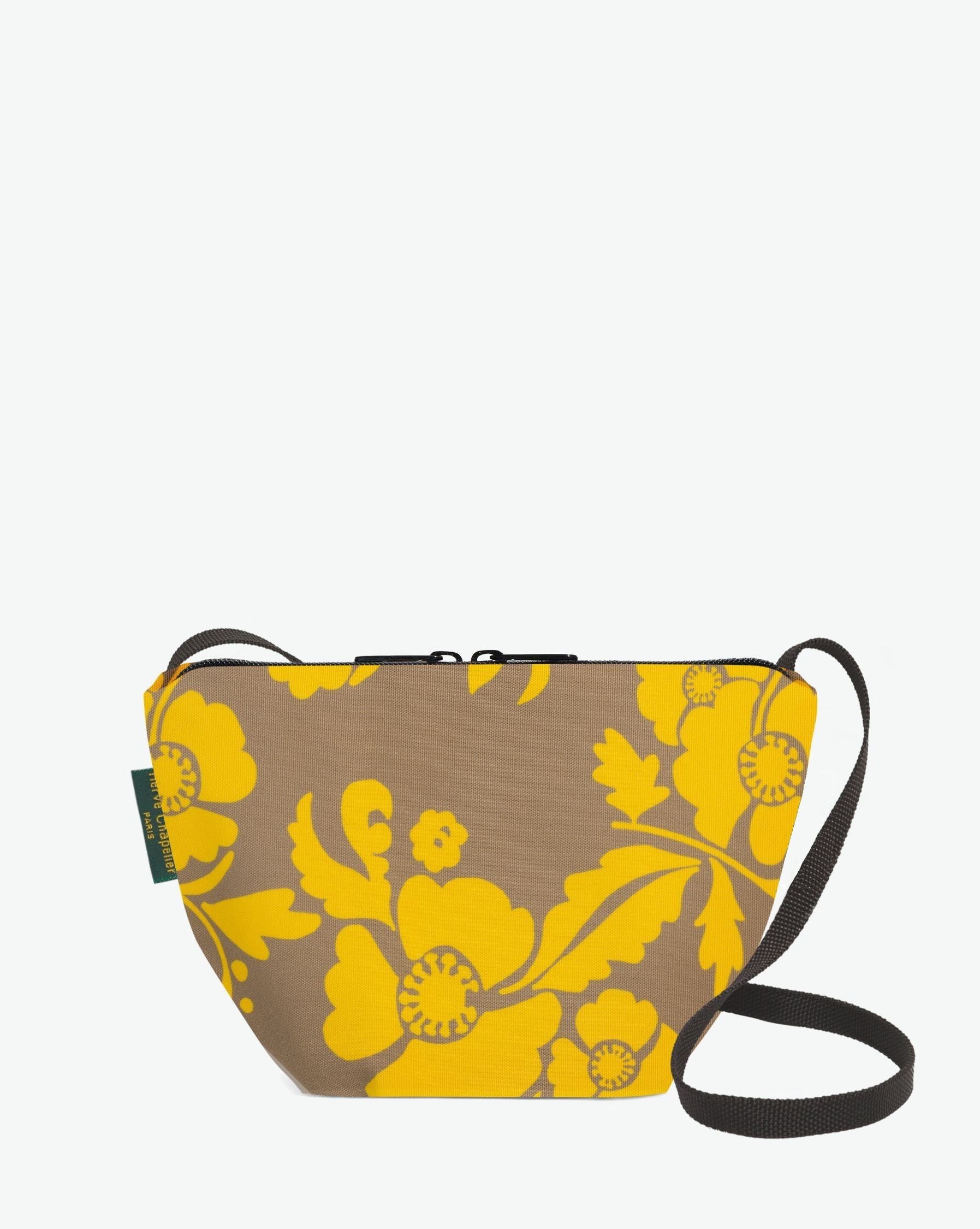 Packshot of a 2885F shoulder crossbody bag with a long handle in polyamide webbing and a zip with double closure. The bag is made of printed nylon in a small size. Sac bandouliere epaule tissu imprime taille S