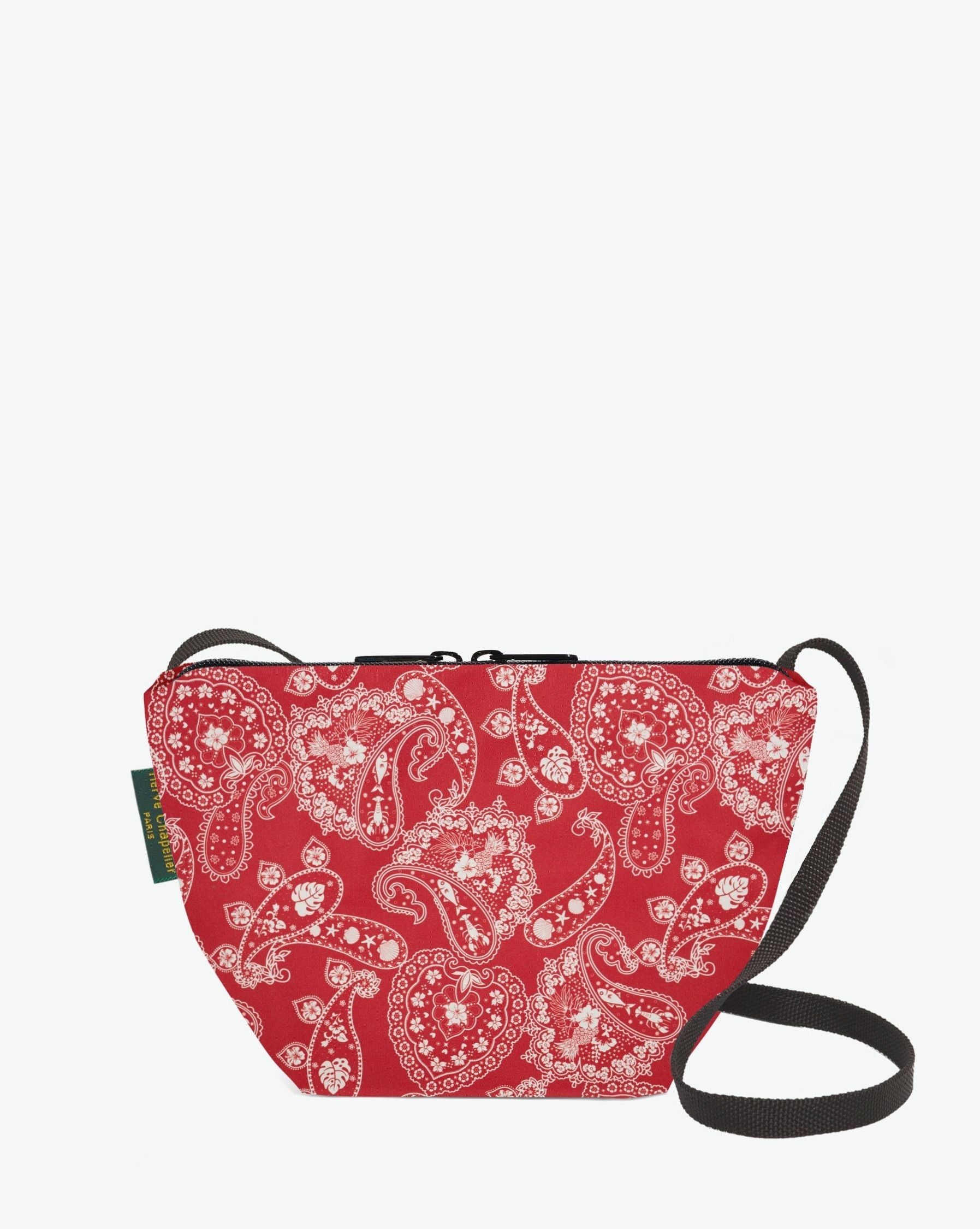 Packshot of a 2885F shoulder crossbody bag with a long handle in polyamide webbing and a zip with double closure. The bag is made of printed nylon in a small size. Sac bandouliere epaule tissu imprime taille S