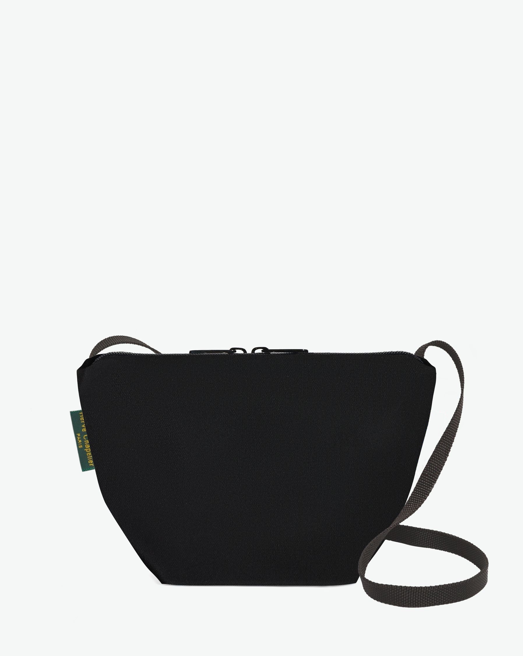 Packshot of a 2885N shoulder crossbody bag with a long handle in polyamide webbing and a zip with double closure. The bag is made of solid nylon in a small size. Sac bandouliere epaule en nylon uni taille S