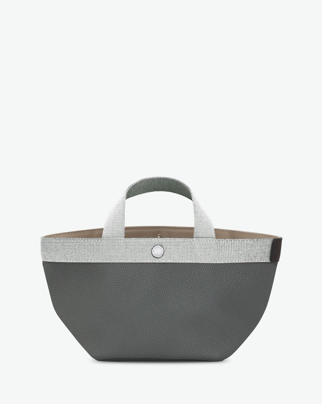 Sac à main en toile enduite grainée en taille S, au fond carré et aux poignées courtes de couleur à l'aspect coton, ainsi qu'à la poche intérieure avec bouton pression.