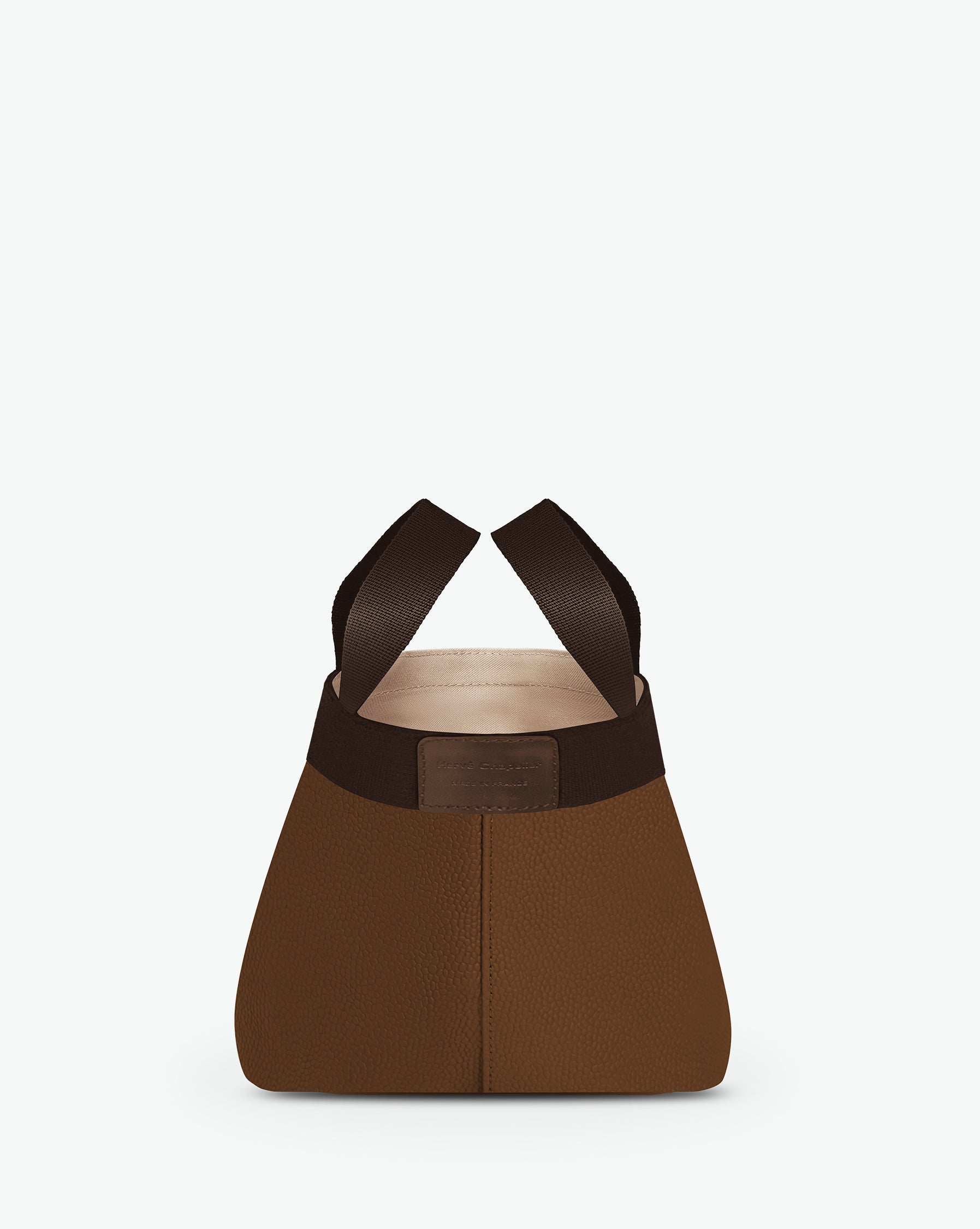 701GP handbag square bottom, short cotton-look handles, S size, Hervé Chapelier, inner pocket, snap button,6469 taupe moka, pebbled grained coated canvas