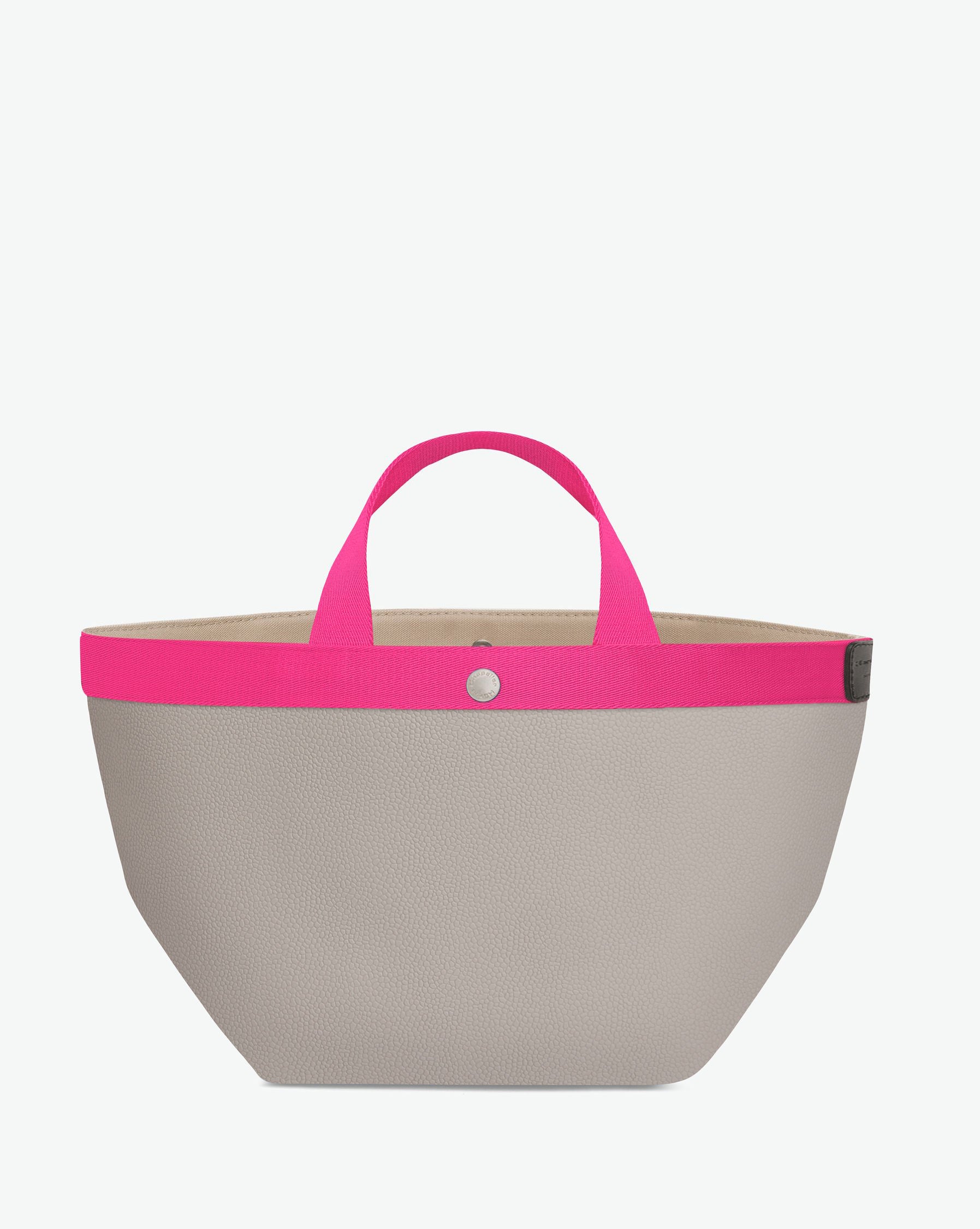 Sac à main en toile enduite grainée en taille M, au fond carré et aux poignées courtes de couleur à l'aspect coton, ainsi qu'à la poche intérieure avec bouton pression.