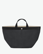 725GP handbag square bottom, long cotton-look handles, L size, Hervé Chapelier, inner pocket, snap button, 0909 noir noir, pebbled grained coated canvas