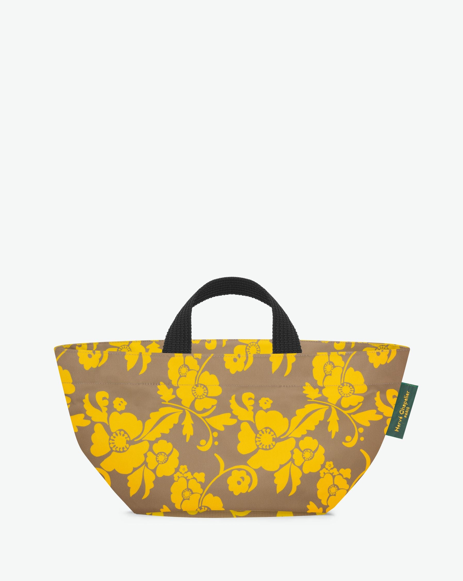 Packshot of a 901F tote bag with short polyprop handles and a zipper. The bag is made of nylon in a fancy print in a small size. Sac cabas a poignees courtes en nylon imprime dans un format S
