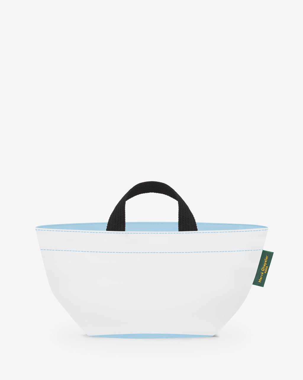 Sac à main cabas de couleur en nylon bicolore, à fond carré et dans un format S. Présence d'un double zip, de poignées courtes noires en polypropylène, et d'une étiquette de marque verte.