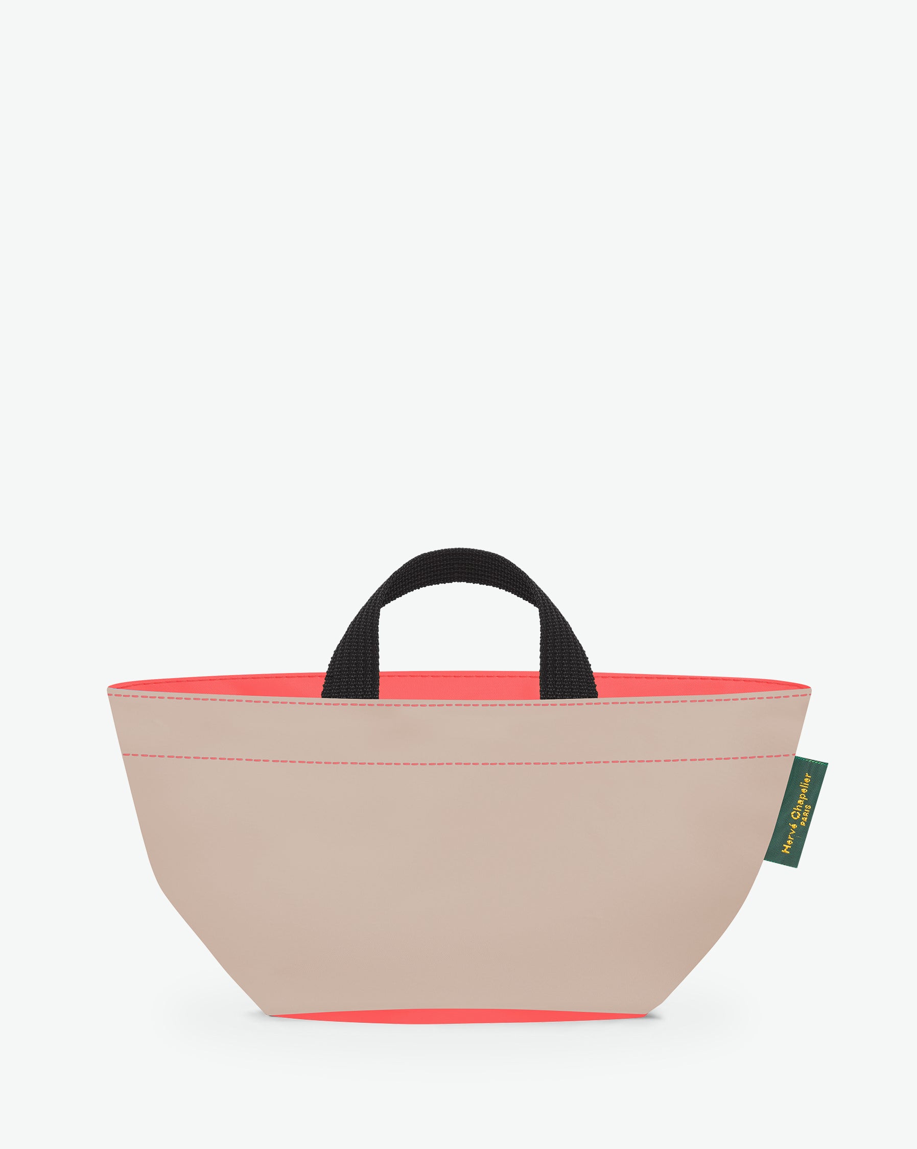 Sac à main cabas de couleur en nylon bicolore, à fond carré et dans un format S. Présence d'un double zip, de poignées courtes noires en polypropylène, et d'une étiquette de marque verte.