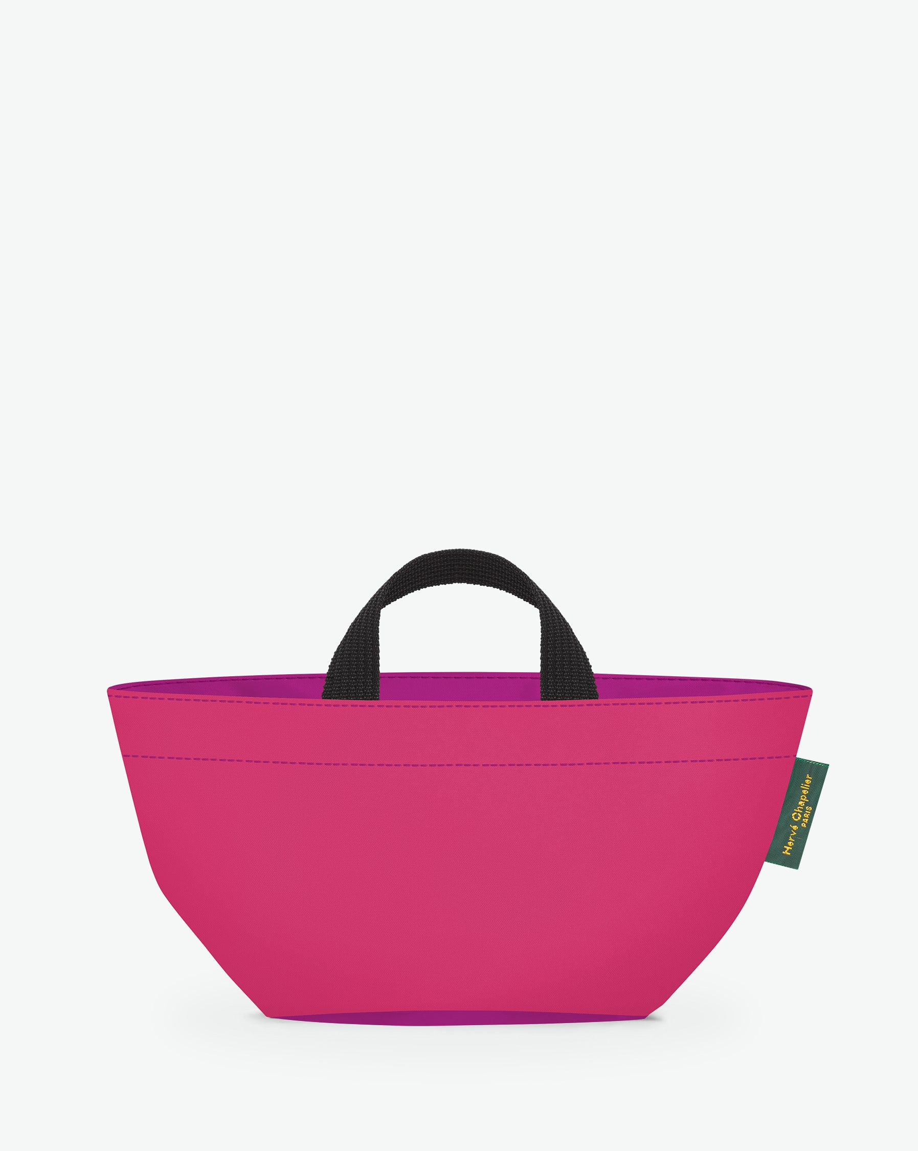 Sac à main cabas de couleur en nylon bicolore, à fond carré et dans un format S. Présence d'un double zip, de poignées courtes noires en polypropylène, et d'une étiquette de marque verte.