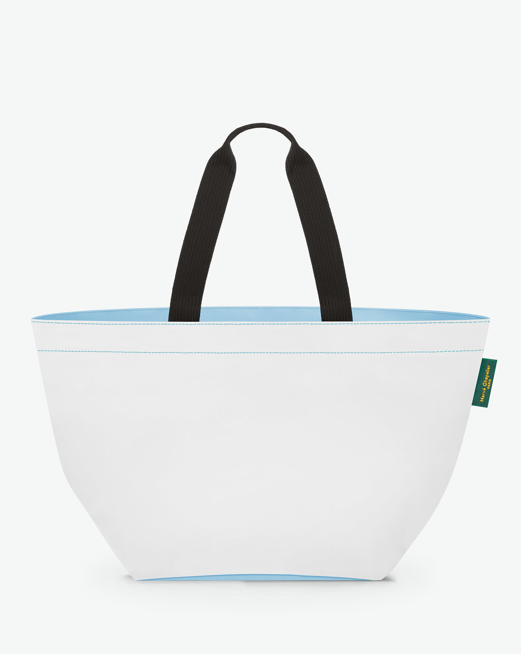 Sac cabas porté épaule de couleur en nylon bicolore, à fond carré et dans un format XL. Présence d'un double zip, d'anses longues noires en polypropylène, et d'une étiquette de marque verte.