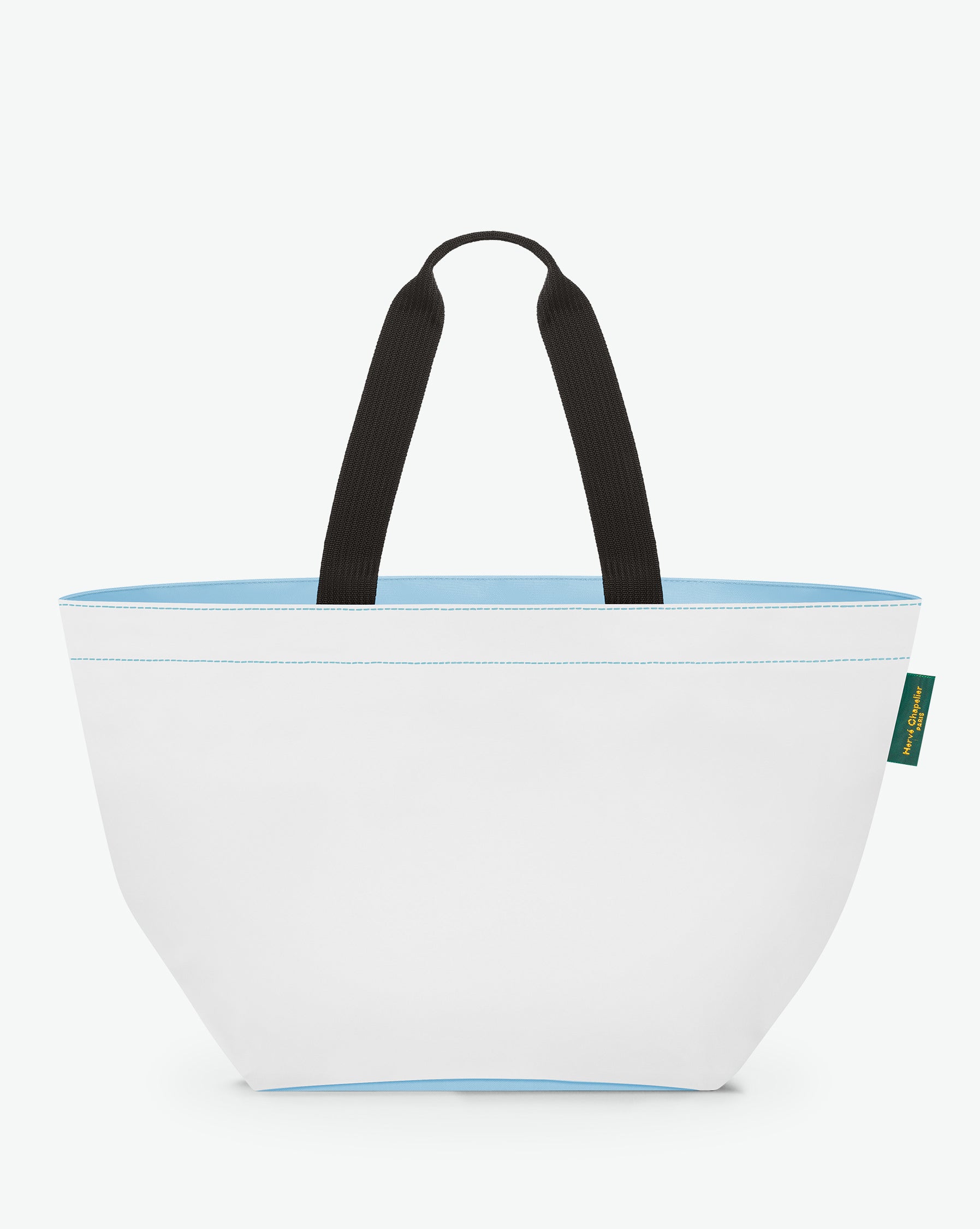 Sac cabas porté épaule de couleur en nylon bicolore, à fond carré et dans un format XL. Présence d'un double zip, d'anses longues noires en polypropylène, et d'une étiquette de marque verte.