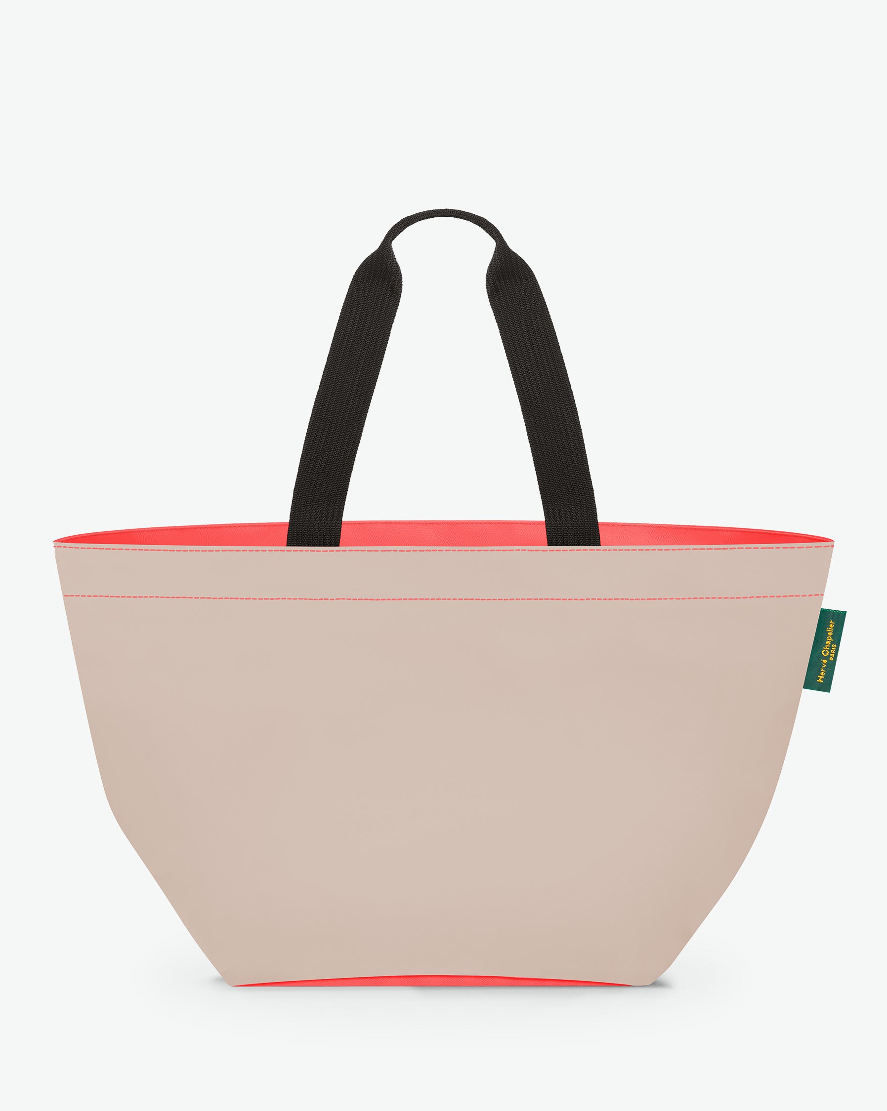Sac cabas porté épaule de couleur en nylon bicolore, à fond carré et dans un format XL. Présence d'un double zip, d'anses longues noires en polypropylène, et d'une étiquette de marque verte.