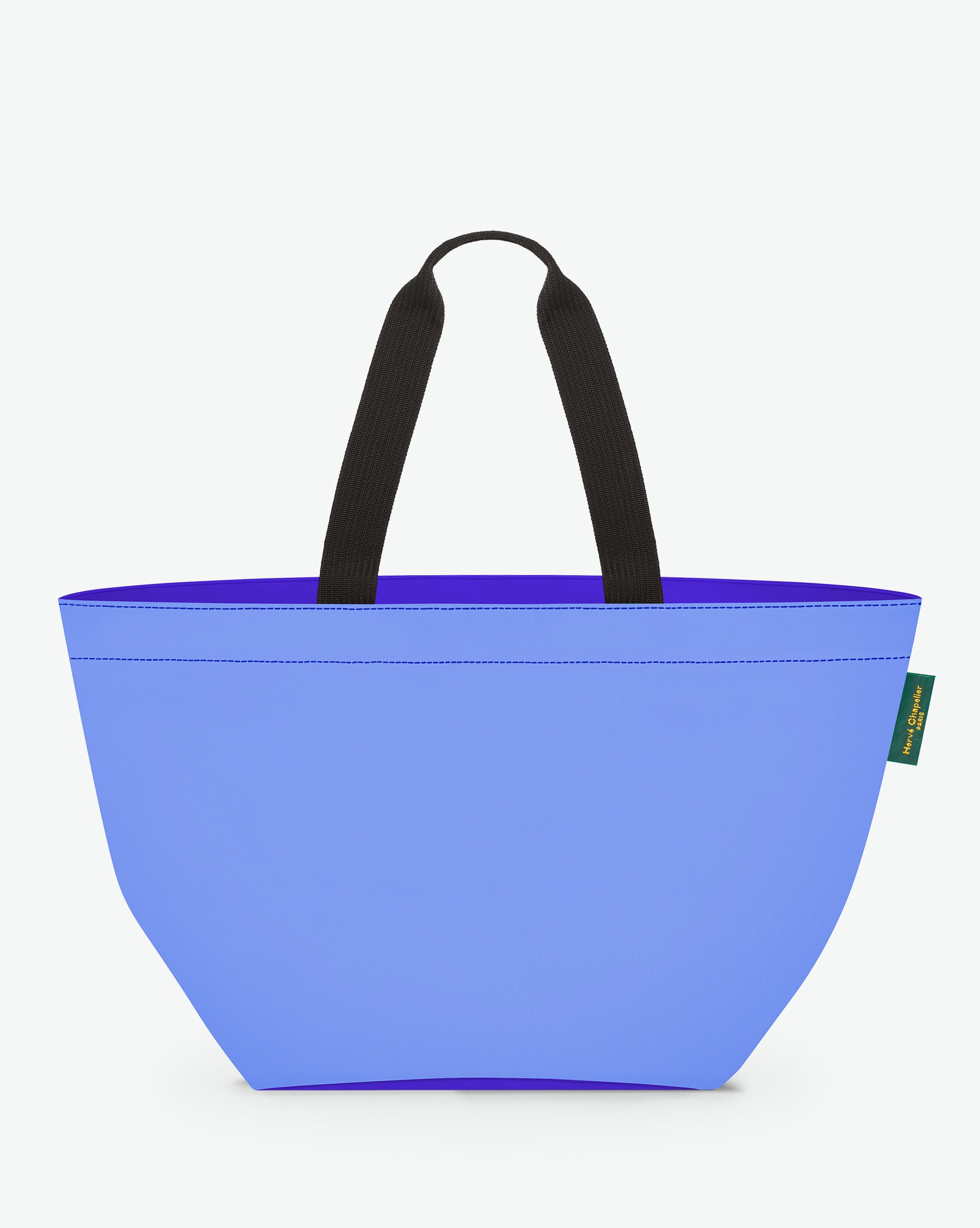 Sac cabas porté épaule de couleur en nylon bicolore, à fond carré et dans un format XL. Présence d'un double zip, d'anses longues noires en polypropylène, et d'une étiquette de marque verte.