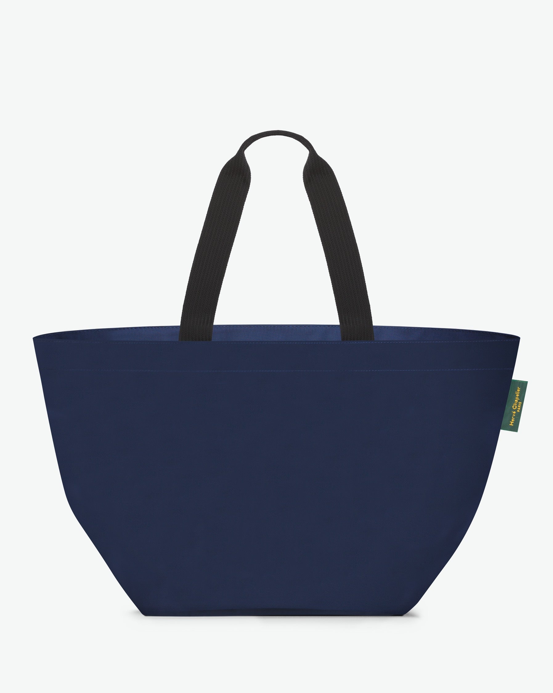 Sac cabas porté épaule de couleur en nylon bicolore, à fond carré et dans un format XL. Présence d'un double zip, d'anses longues noires en polypropylène, et d'une étiquette de marque verte.