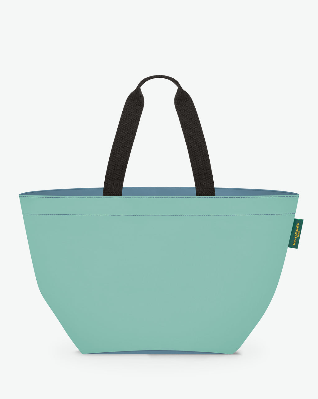 Sac cabas porté épaule de couleur en nylon bicolore, à fond carré et dans un format XL. Présence d'un double zip, d'anses longues noires en polypropylène, et d'une étiquette de marque verte.