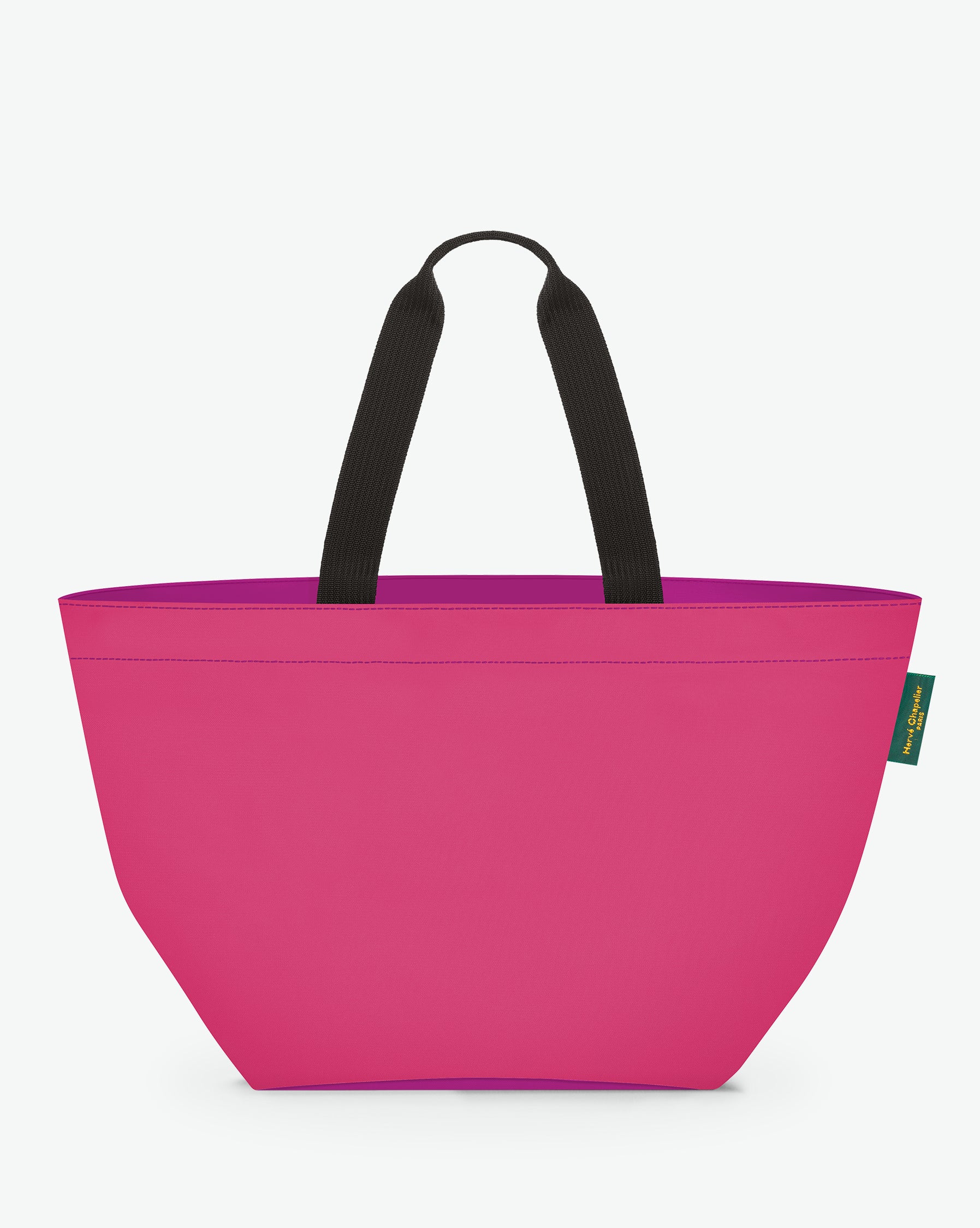 Sac cabas porté épaule de couleur en nylon bicolore, à fond carré et dans un format XL. Présence d'un double zip, d'anses longues noires en polypropylène, et d'une étiquette de marque verte.