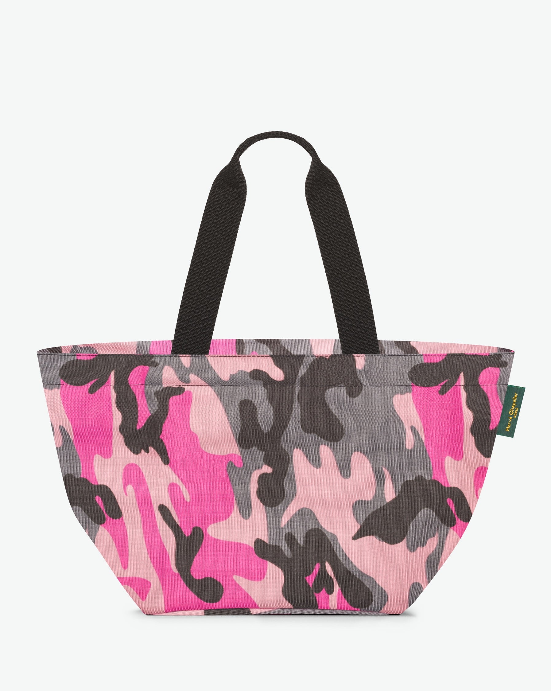 Packshot of a 925F shopping bag with long polyprop handles and a zipper and an inside pocket. The bag is made of nylon in a fancy print in a large size. Sac cabas a poignees longues en nylon imprime dans un format L