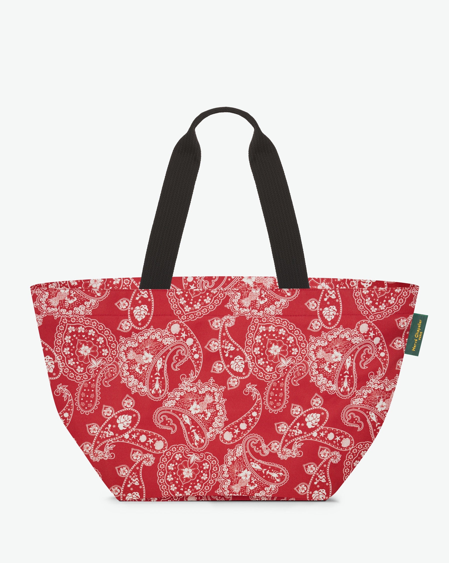 Packshot of a 925F shopping bag with long polyprop handles and a zipper and an inside pocket. The bag is made of nylon in a fancy print in a large size. Sac cabas a poignees longues en nylon imprime dans un format L