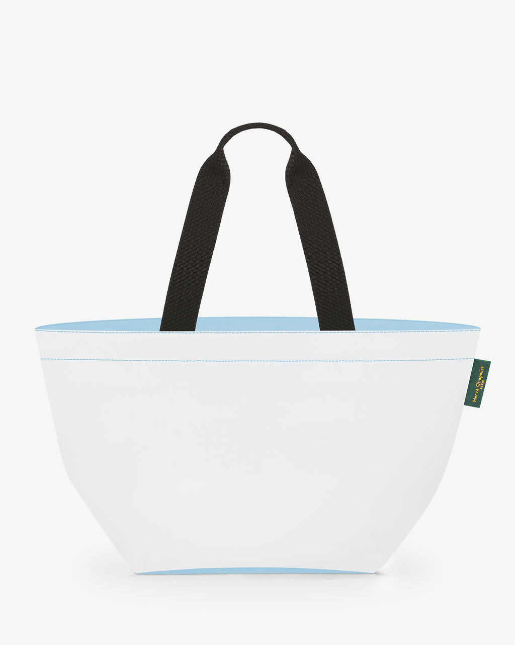 Sac cabas porté épaule de couleur en nylon bicolore, à fond carré et dans un format L. Présence d'un double zip, d'anses longues noires en polypropylène, et d'une étiquette de marque verte.