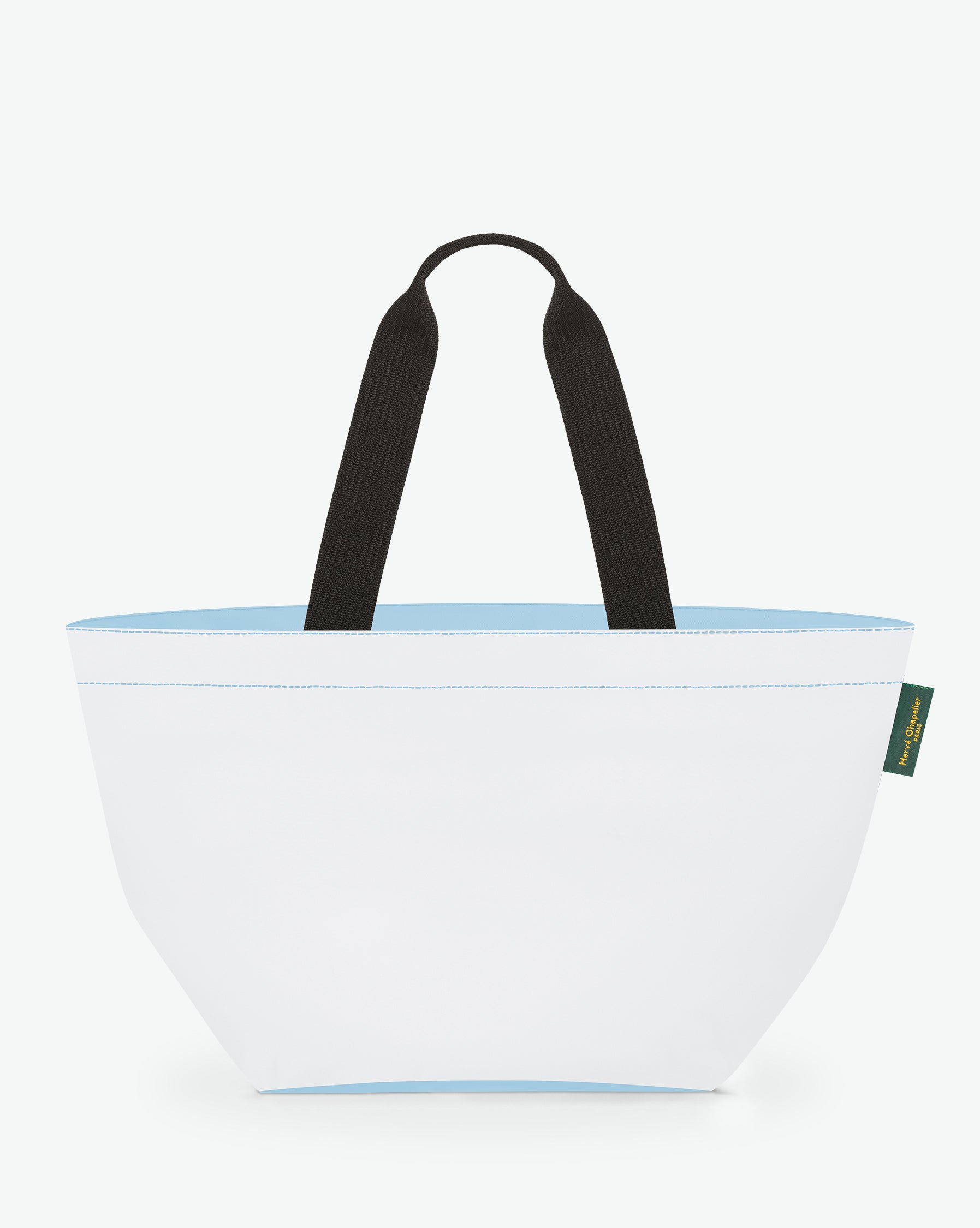 Sac cabas porté épaule de couleur en nylon bicolore, à fond carré et dans un format L. Présence d'un double zip, d'anses longues noires en polypropylène, et d'une étiquette de marque verte.
