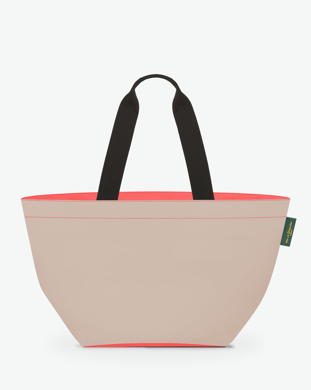 Sac cabas porté épaule de couleur en nylon bicolore, à fond carré et dans un format L. Présence d'un double zip, d'anses longues noires en polypropylène, et d'une étiquette de marque verte.