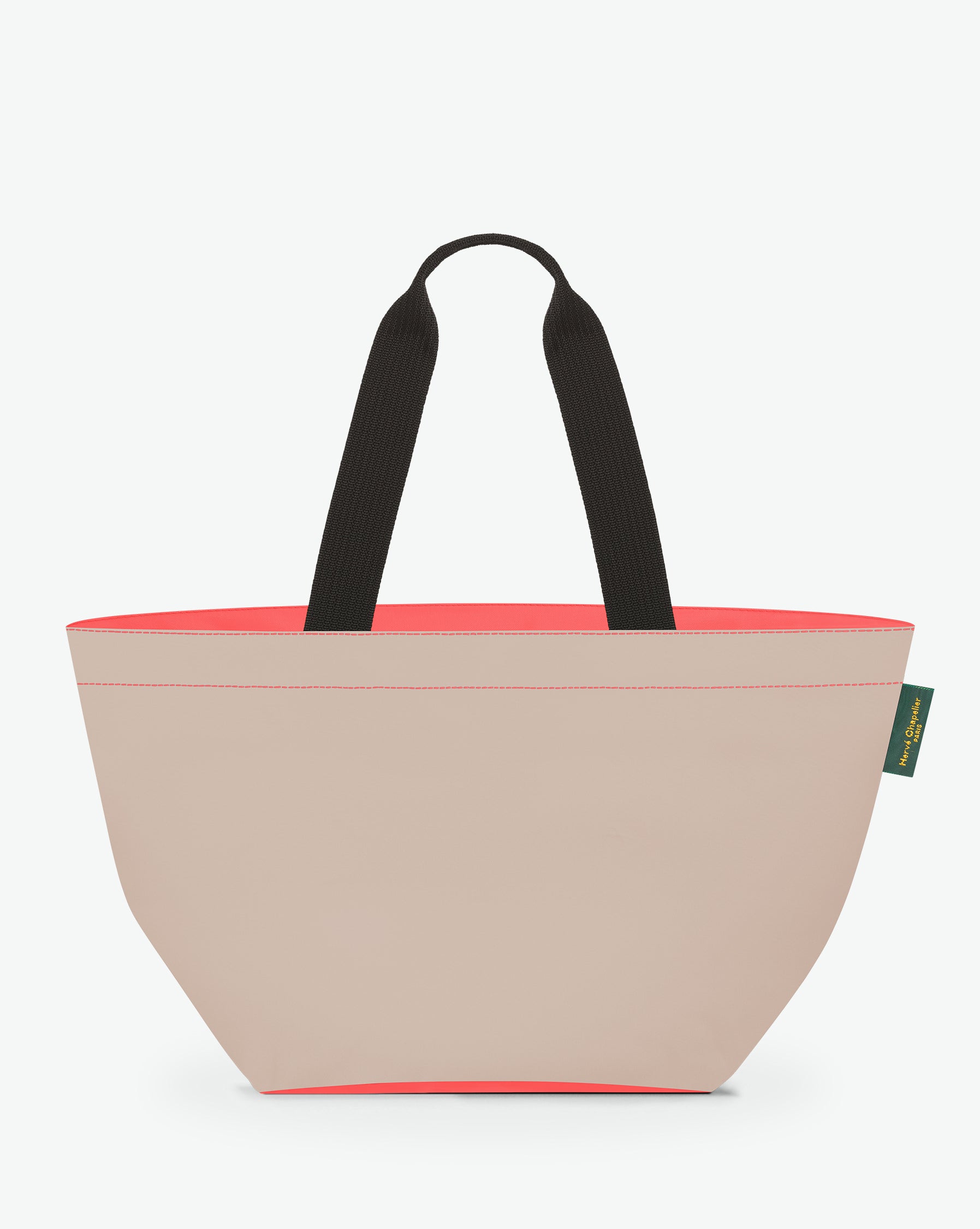 Sac cabas porté épaule de couleur en nylon bicolore, à fond carré et dans un format L. Présence d'un double zip, d'anses longues noires en polypropylène, et d'une étiquette de marque verte.