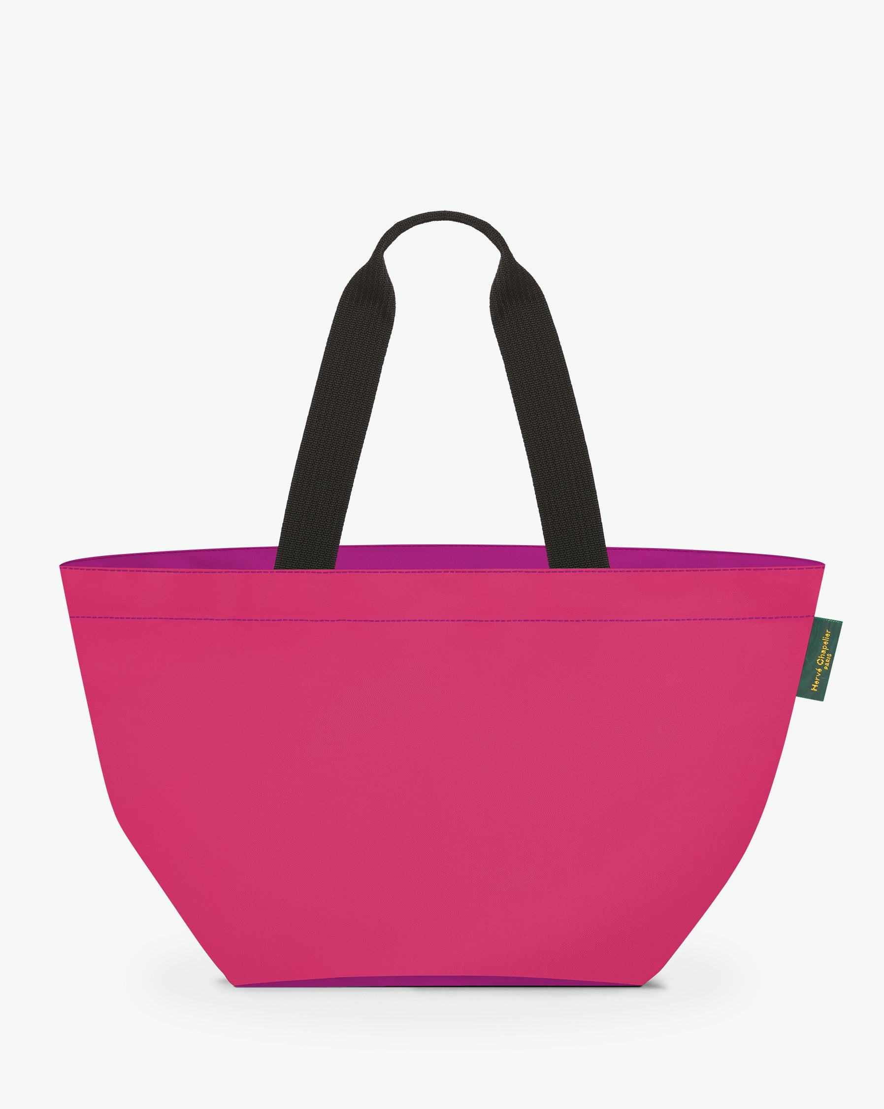 Sac cabas porté épaule de couleur en nylon bicolore, à fond carré et dans un format L. Présence d'un double zip, d'anses longues noires en polypropylène, et d'une étiquette de marque verte.