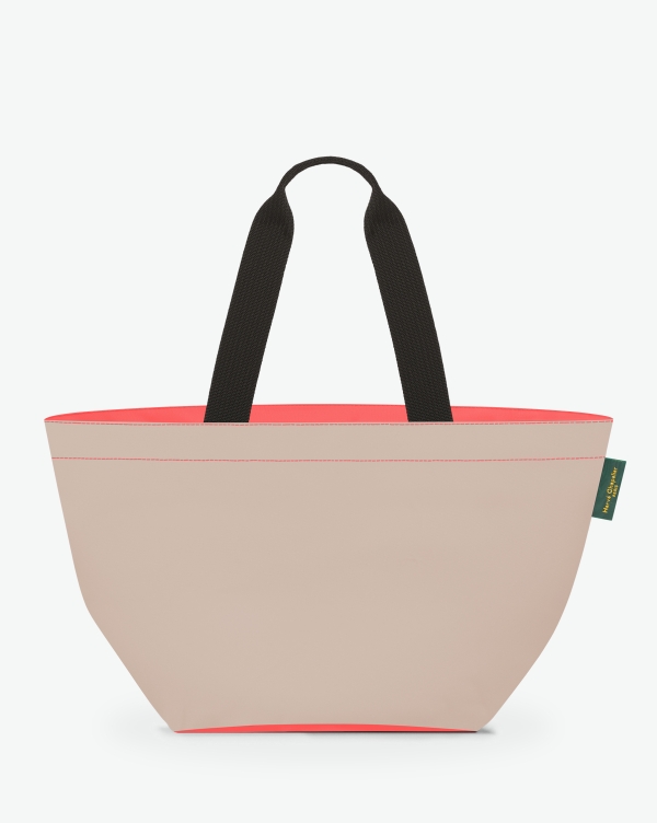 Hervé Chapelier -  - "Sac cabas porté épaule de couleur en nylon bicolore,
à fond carré et dans un format L.
Présence d'un double zip,
d'anses longues noires en polypropylène,
et d'une étiquette de marque verte."