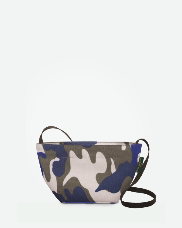 Hervé Chapelier -  - Visual on a white background of a shoulder bag standing upright and straight, with a long handle and a zip with double closure. The bag is made from printed nylon fabric in a camouflage bleu gris motif. The Hervé Chapelier label is affixed to the left-han