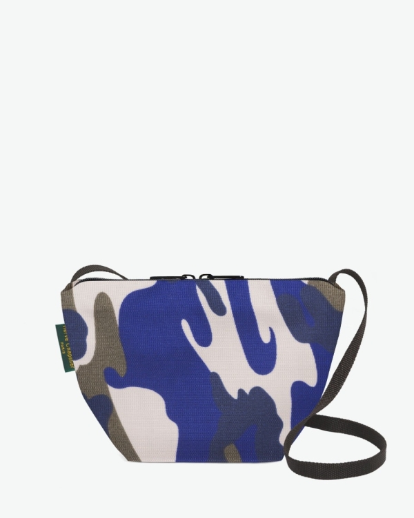 Hervé Chapelier -  - Visual on a white background of a shoulder bag standing upright and straight, with a long handle and a zip with double closure. The bag is made from printed nylon fabric in a Camouflage bleu gris motif. The Hervé Chapelier label is affixed to the left-han
