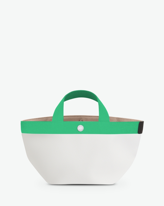 "Packshot of a 701GP tote bag
with short handles and polycotton webbing and an inside pocket.
The bag is made of pebbled grain coated canvas in a small size.
Sac cabas en toile enduite dans un format S"