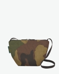 Visual on a white background of a shoulder bag standing upright and straight, with a long handle and a zip with double closure. The bag is made from printed nylon fabric in a camouflage motif. The Hervé Chapelier label is affixed to the left-hand side.